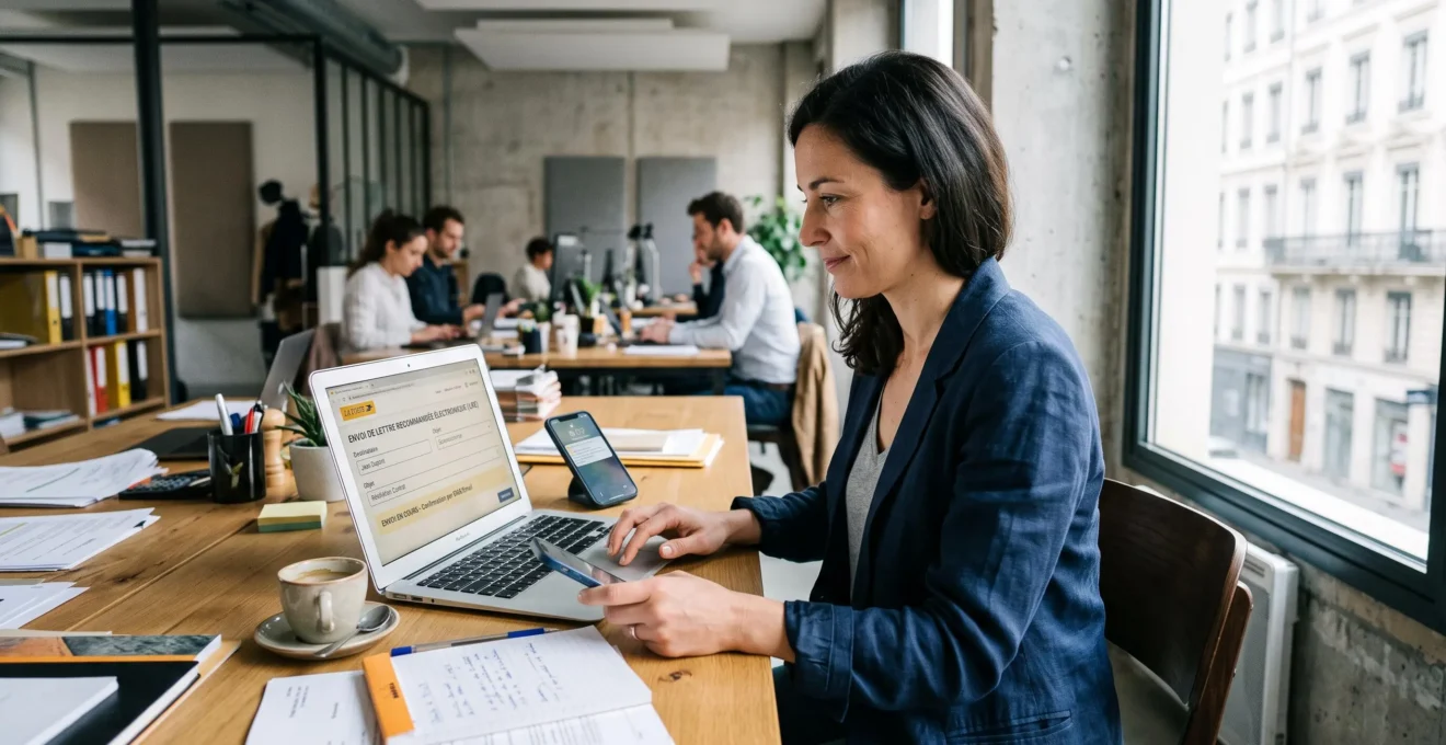 Une professionnelle envoie un recommandé électronique depuis son ordinateur au bureau.