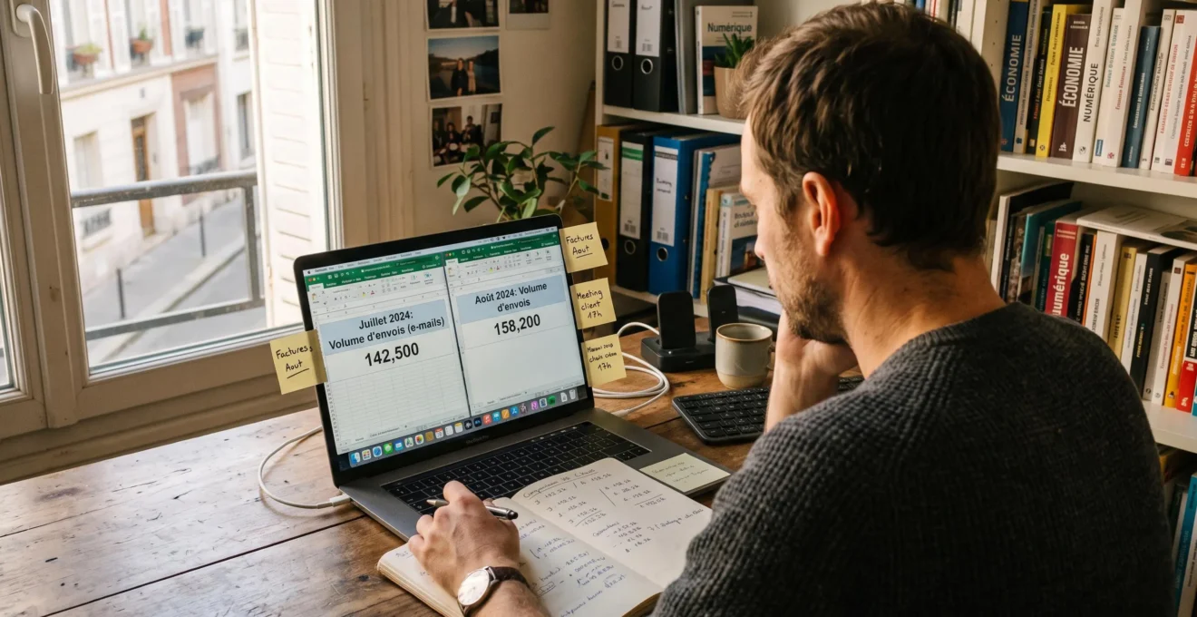Un indépendant compare les volumes d'envois sur son ordinateur dans un bureau à domicile.
