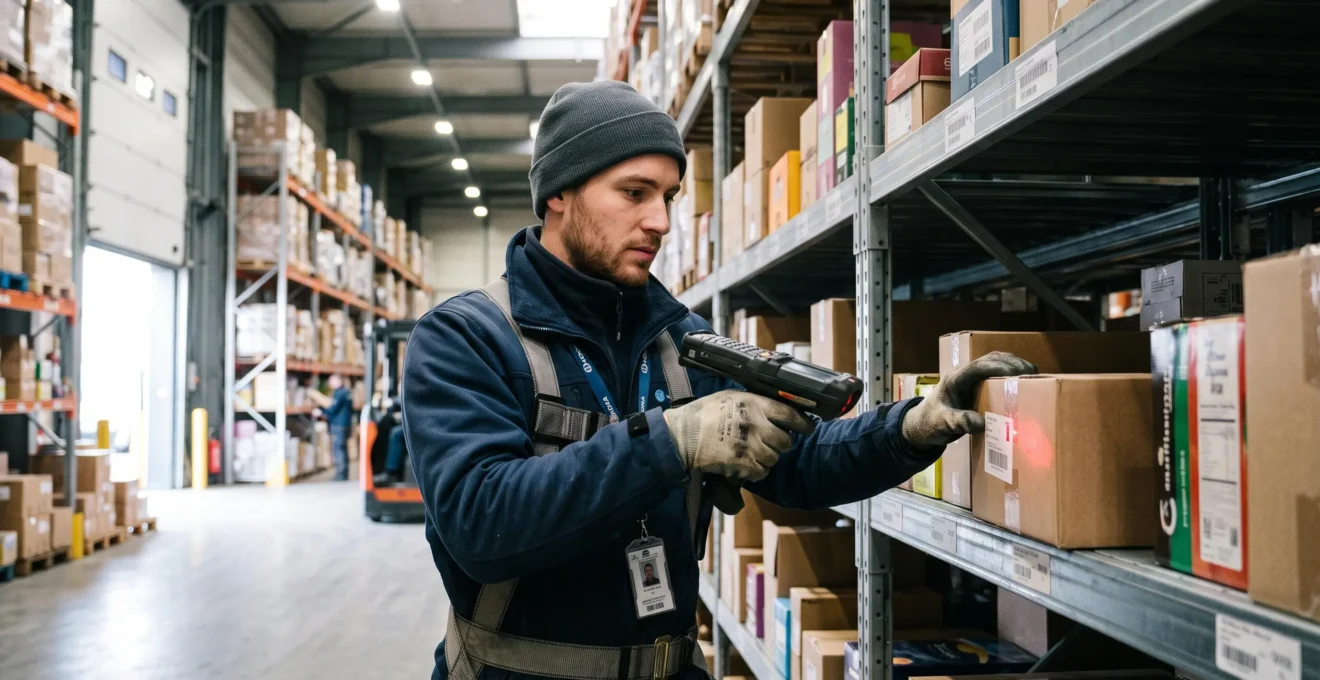 Un opérateur scanne un produit en boîte dans un entrepôt de préparation de commandes.