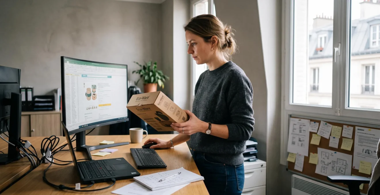 Une responsable e-commerce compare une fiche produit papier à l'écran de son ordinateur.