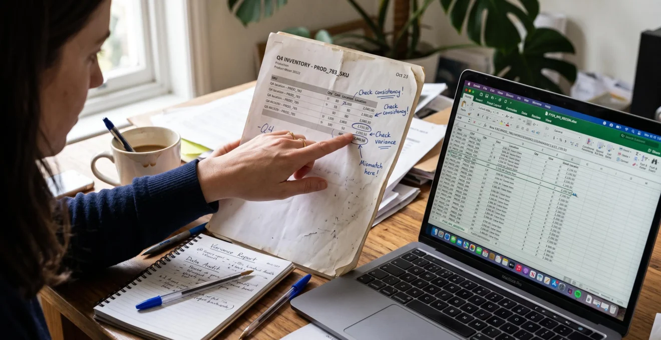 Une main pointe une différence entre une fiche produit imprimée et un tableur.